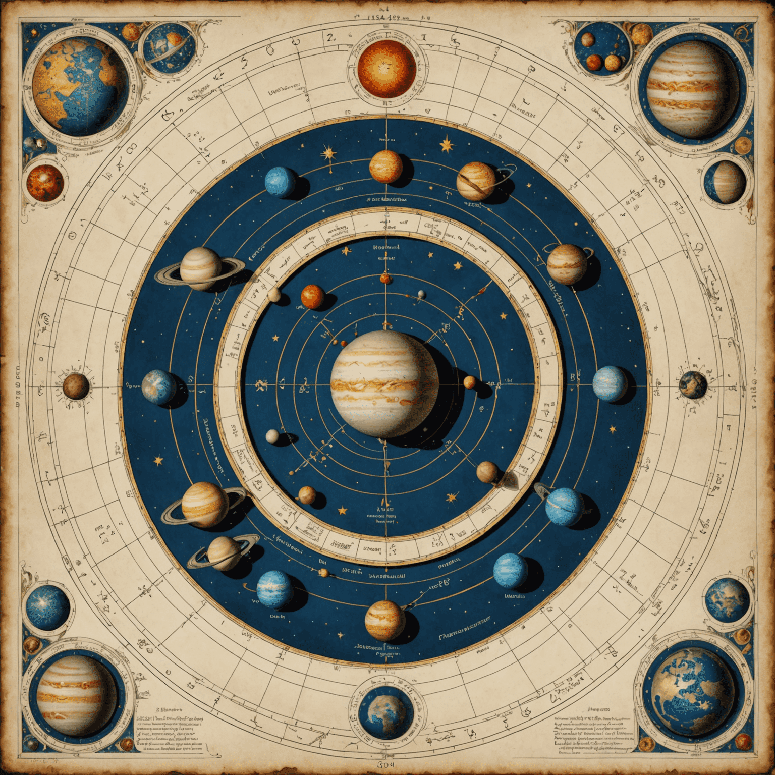 Gezegenler ve yörüngeleri gösteren karmaşık bir astrolojik harita